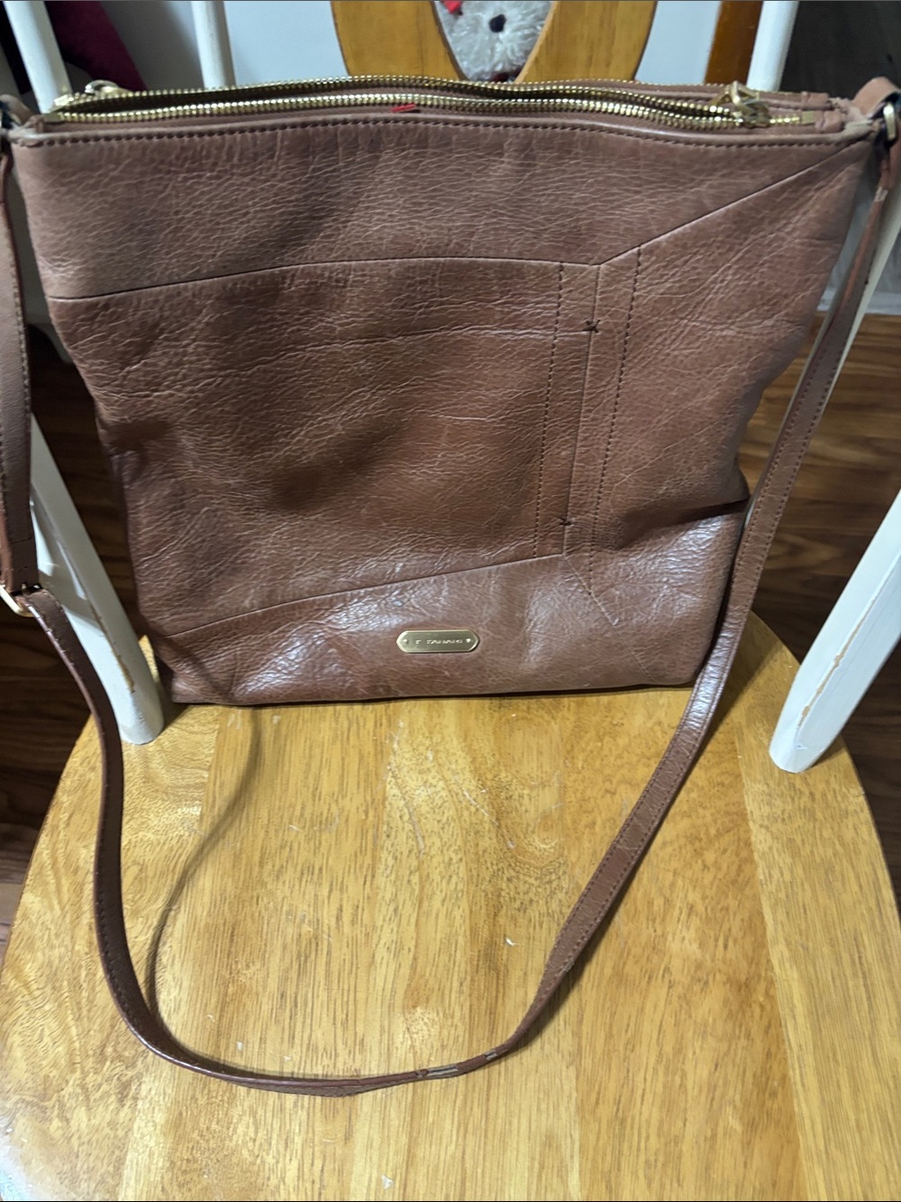 T Tahari Brown Leather Crossbody with Gold Hardware